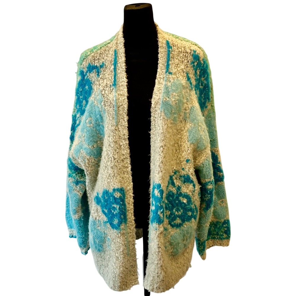 Free People Blue Teal Abstract Floral Open Front Fuzzy Knit Cardigan Sweater